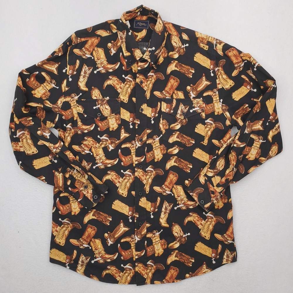 Roper Shirt Mens Large Black Cowboy Boots Allover Print Western Button Up Ranch